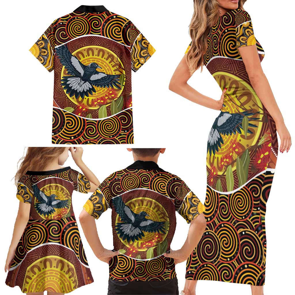 Aboriginal Magpies Dots Art Family Matching Short Sleeve Bodycon Dress and Hawaiian Shirt Native Australian Animals