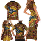 Aboriginal Magpies Dots Art Family Matching Short Sleeve Bodycon Dress and Hawaiian Shirt Native Australian Animals