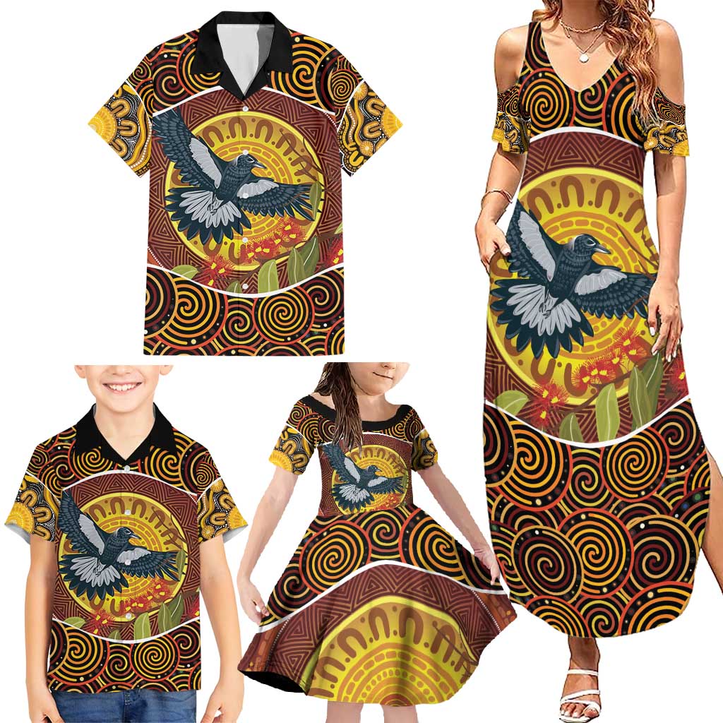 Aboriginal Magpies Dots Art Family Matching Summer Maxi Dress and Hawaiian Shirt Native Australian Animals