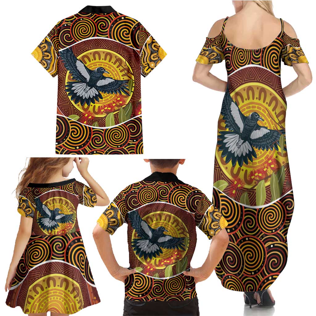 Aboriginal Magpies Dots Art Family Matching Summer Maxi Dress and Hawaiian Shirt Native Australian Animals
