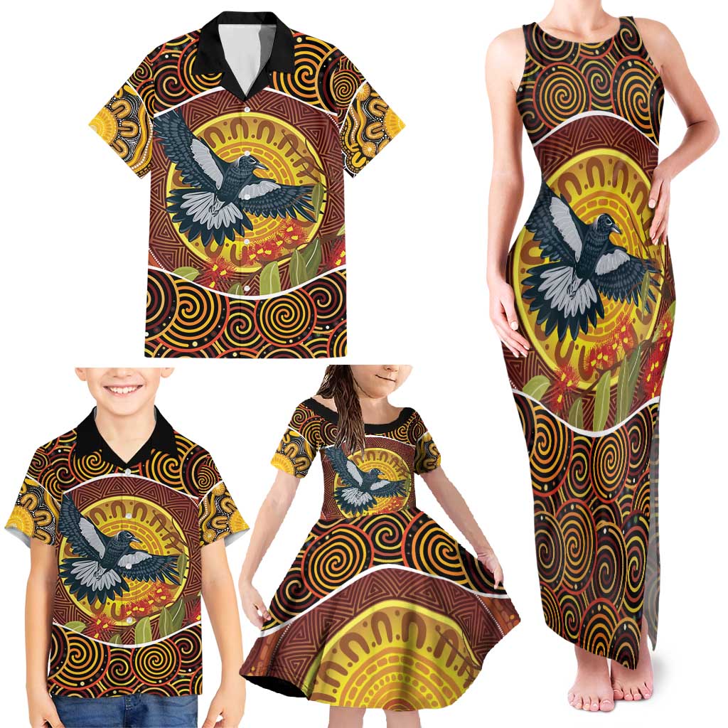 Aboriginal Magpies Dots Art Family Matching Tank Maxi Dress and Hawaiian Shirt Native Australian Animals