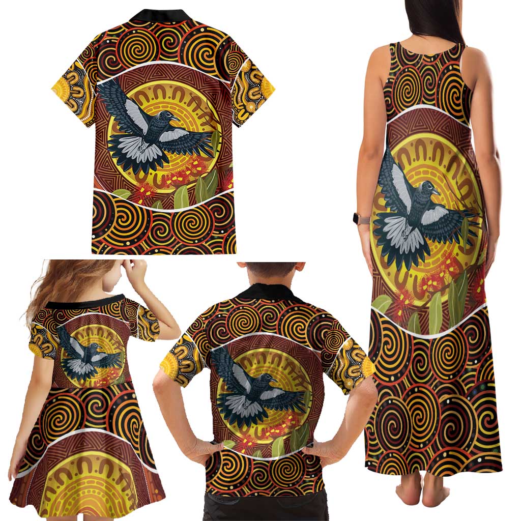 Aboriginal Magpies Dots Art Family Matching Tank Maxi Dress and Hawaiian Shirt Native Australian Animals