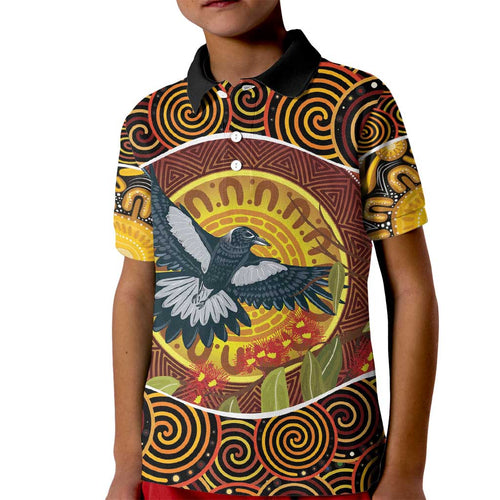 Aboriginal Magpies Dots Art Kid Polo Shirt Native Australian Animals
