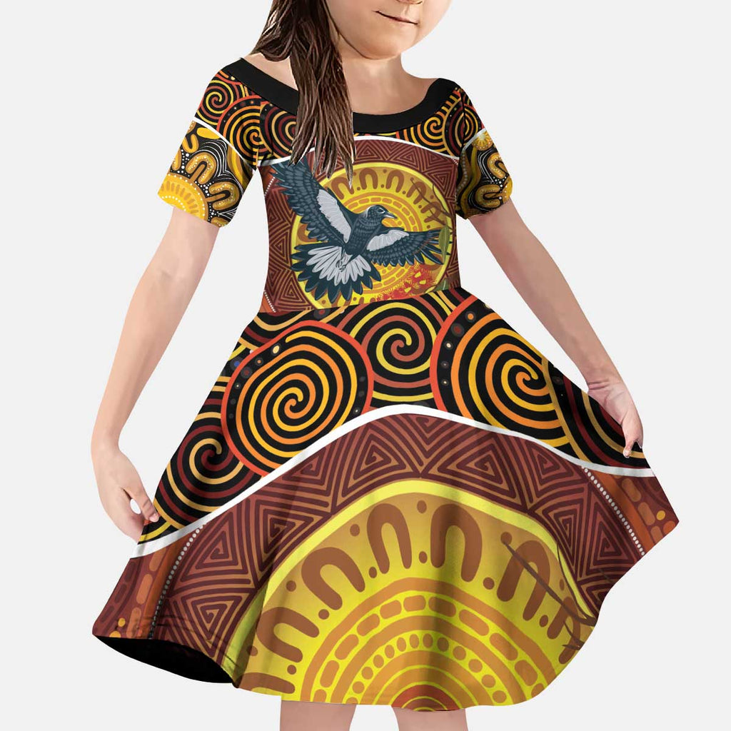 Aboriginal Magpies Dots Art Kid Short Sleeve Dress Native Australian Animals