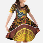 Aboriginal Magpies Dots Art Kid Short Sleeve Dress Native Australian Animals