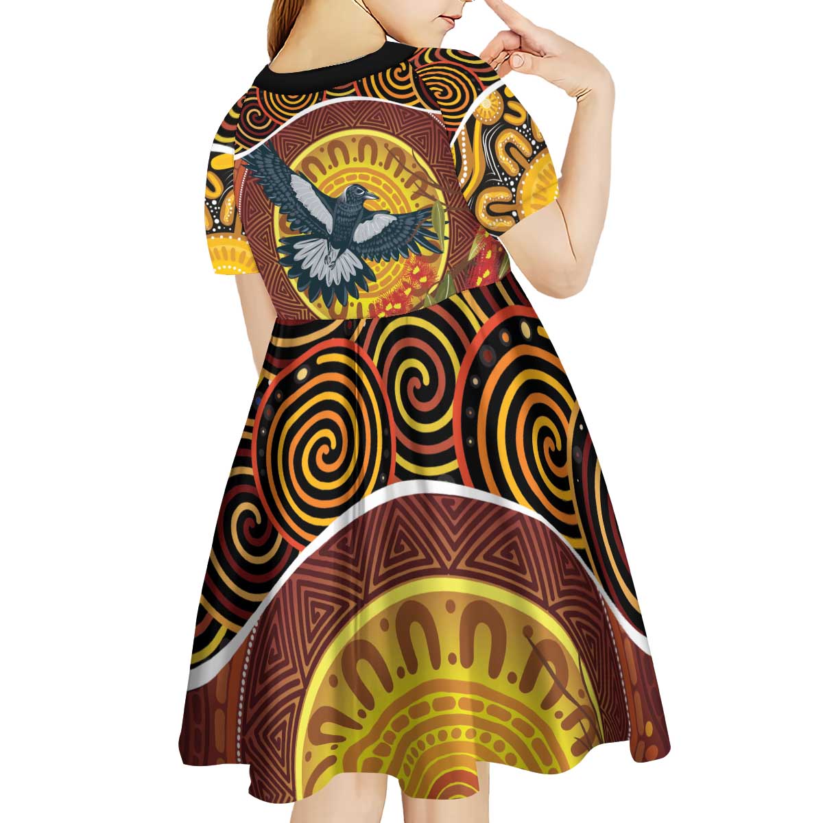 Aboriginal Magpies Dots Art Kid Short Sleeve Dress Native Australian Animals