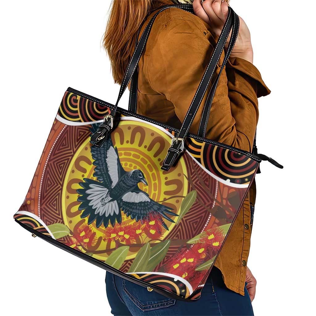Aboriginal Magpies Dots Art Leather Tote Bag Native Australian Animals