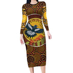 Aboriginal Magpies Dots Art Long Sleeve Bodycon Dress Native Australian Animals