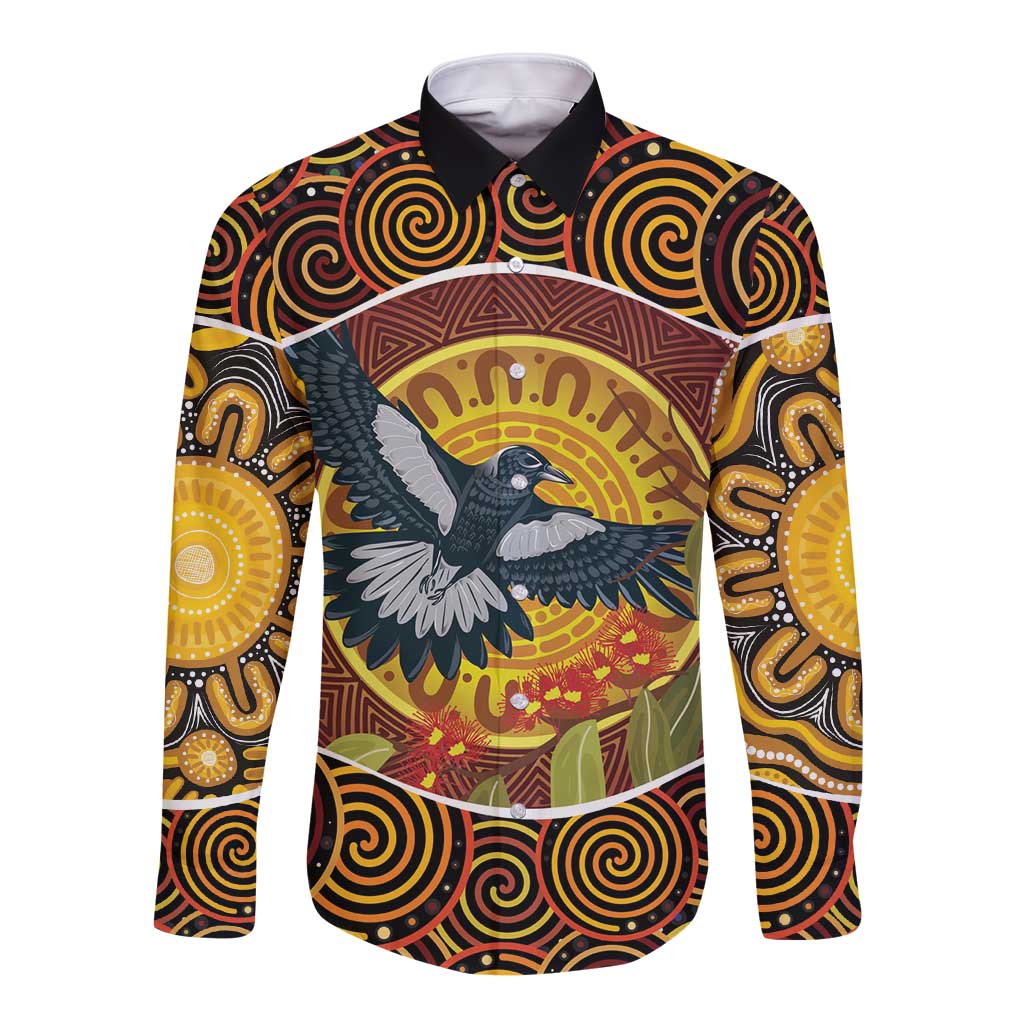Aboriginal Magpies Dots Art Long Sleeve Button Shirt Native Australian Animals