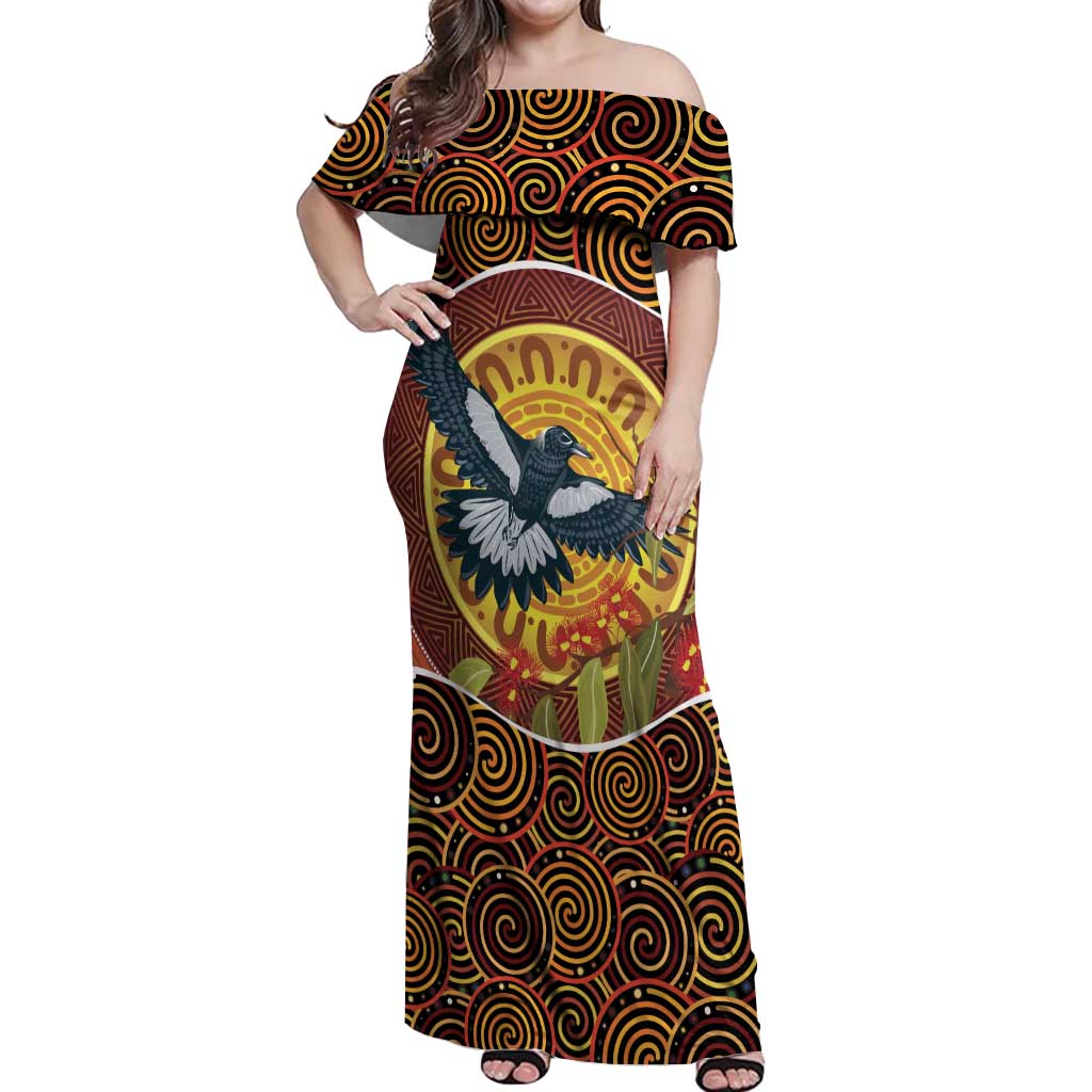 Aboriginal Magpies Dots Art Off Shoulder Maxi Dress Native Australian Animals