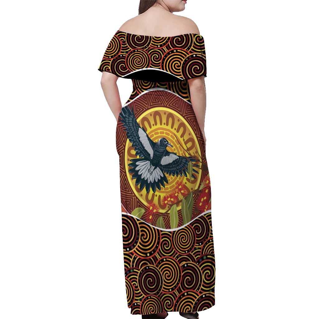 Aboriginal Magpies Dots Art Off Shoulder Maxi Dress Native Australian Animals