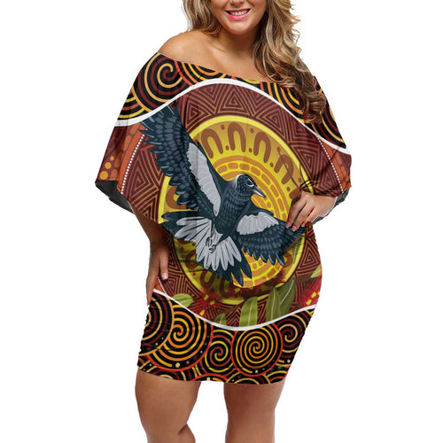 Aboriginal Magpies Dots Art Off Shoulder Short Dress Native Australian Animals