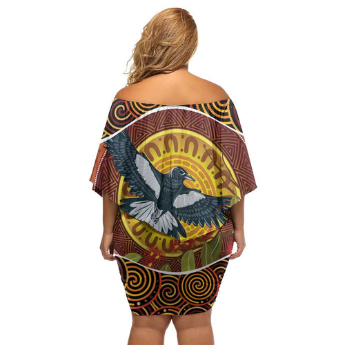 Aboriginal Magpies Dots Art Off Shoulder Short Dress Native Australian Animals
