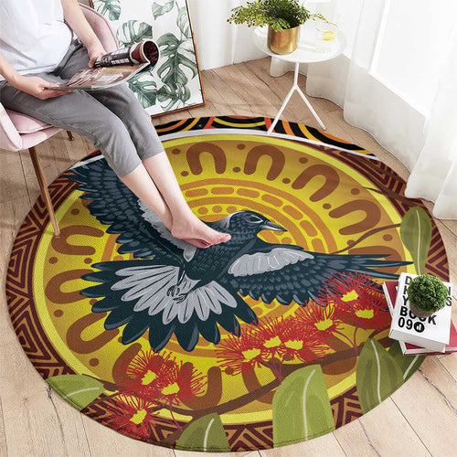 Aboriginal Magpies Dots Art Round Carpet Native Australian Animals