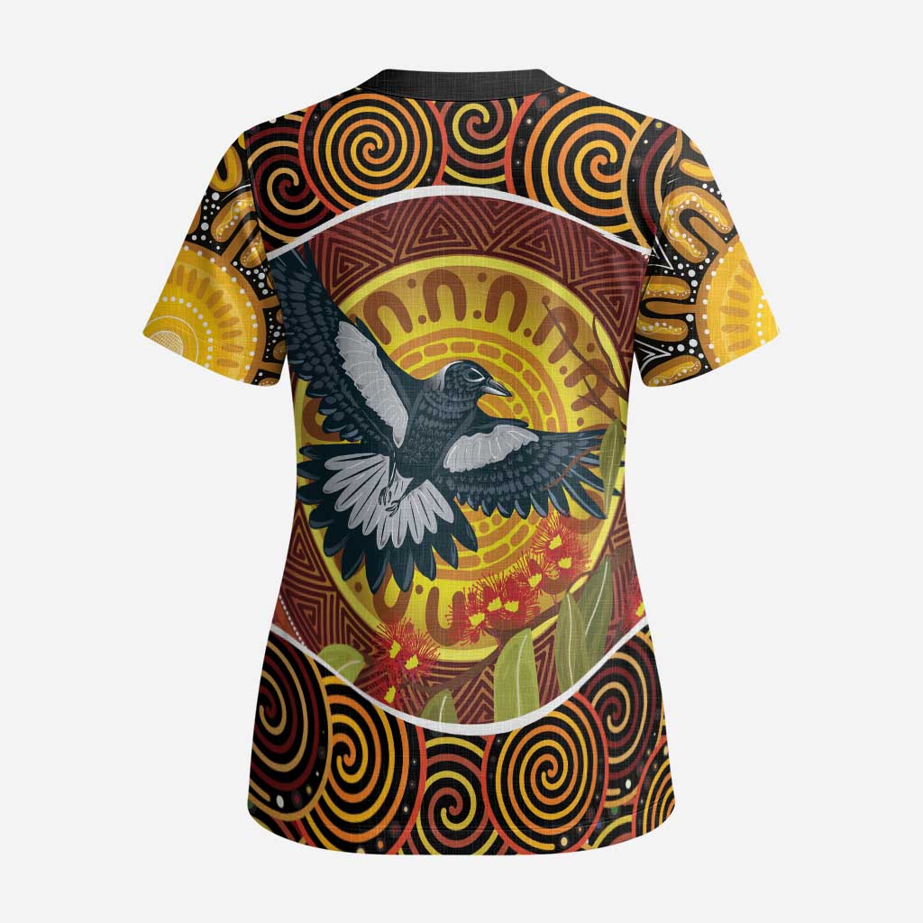Aboriginal Magpies Dots Art Scrub Top Native Australian Animals - Aussie Hoodie
