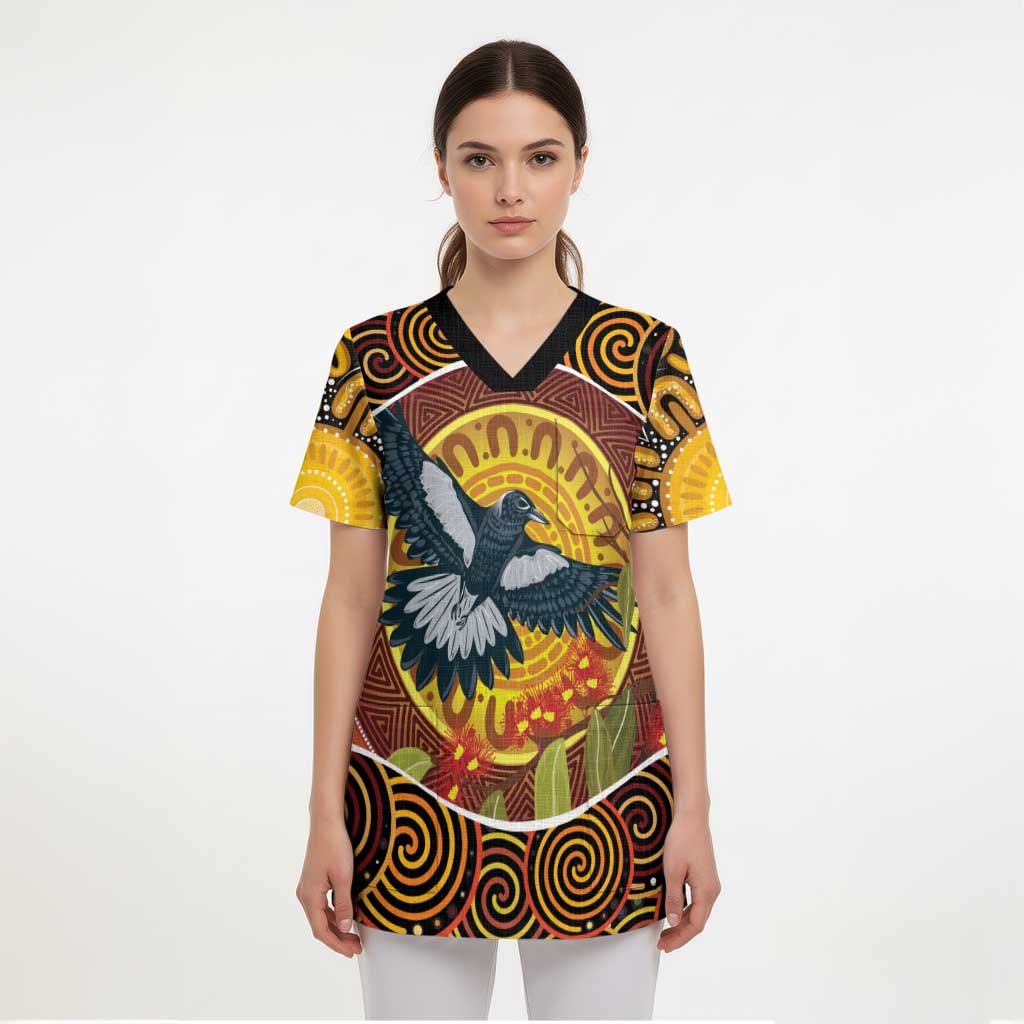 Aboriginal Magpies Dots Art Scrub Top Native Australian Animals - Aussie Hoodie