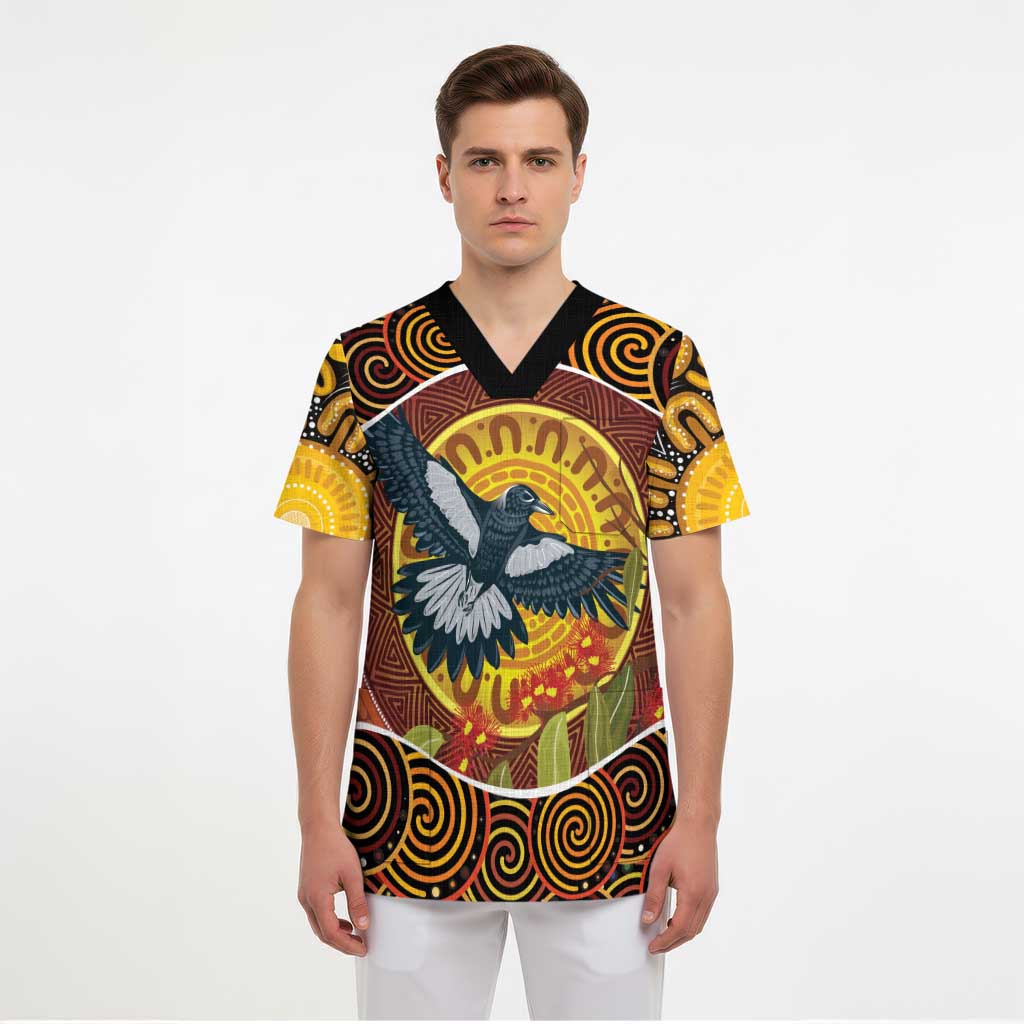 Aboriginal Magpies Dots Art Scrub Top Native Australian Animals - Aussie Hoodie
