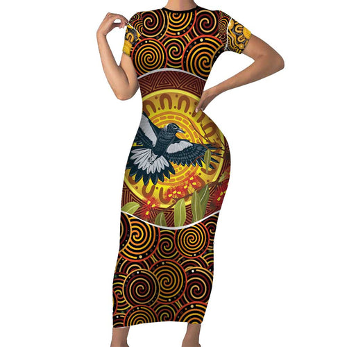 Aboriginal Magpies Dots Art Short Sleeve Bodycon Dress Native Australian Animals