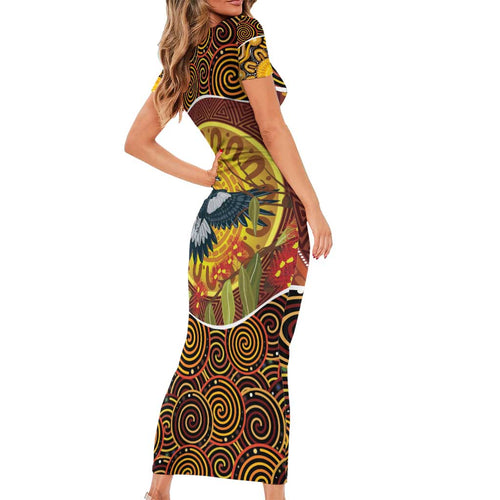 Aboriginal Magpies Dots Art Short Sleeve Bodycon Dress Native Australian Animals