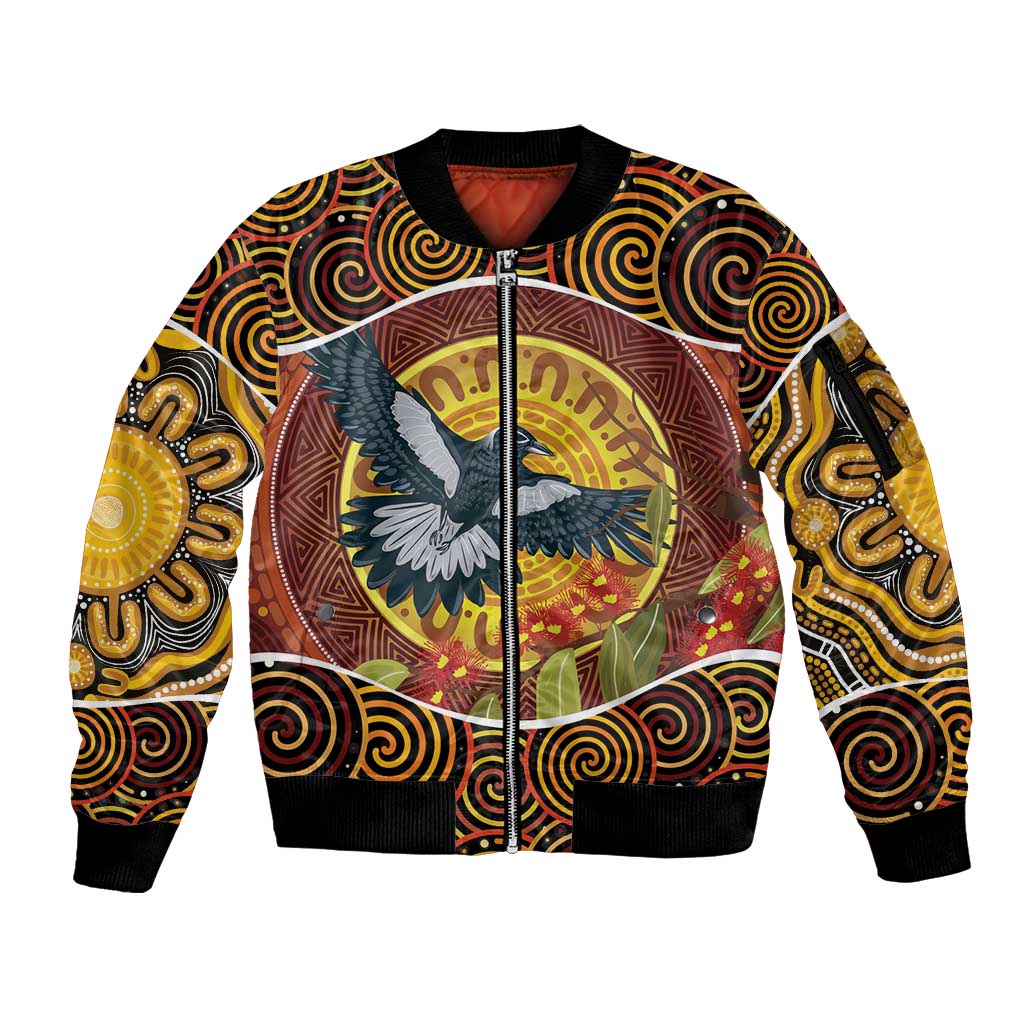 Aboriginal Magpies Dots Art Sleeve Zip Bomber Jacket Native Australian Animals