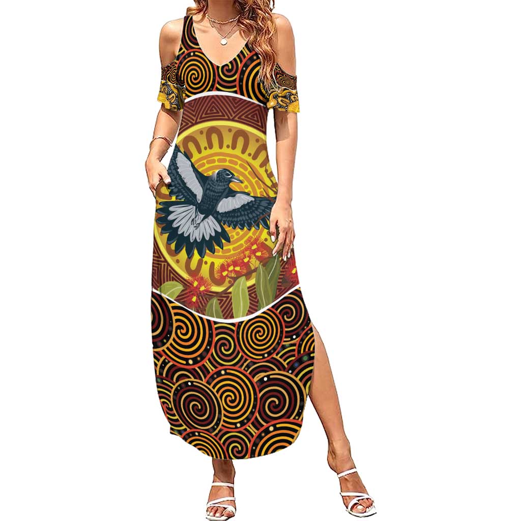 Aboriginal Magpies Dots Art Summer Maxi Dress Native Australian Animals
