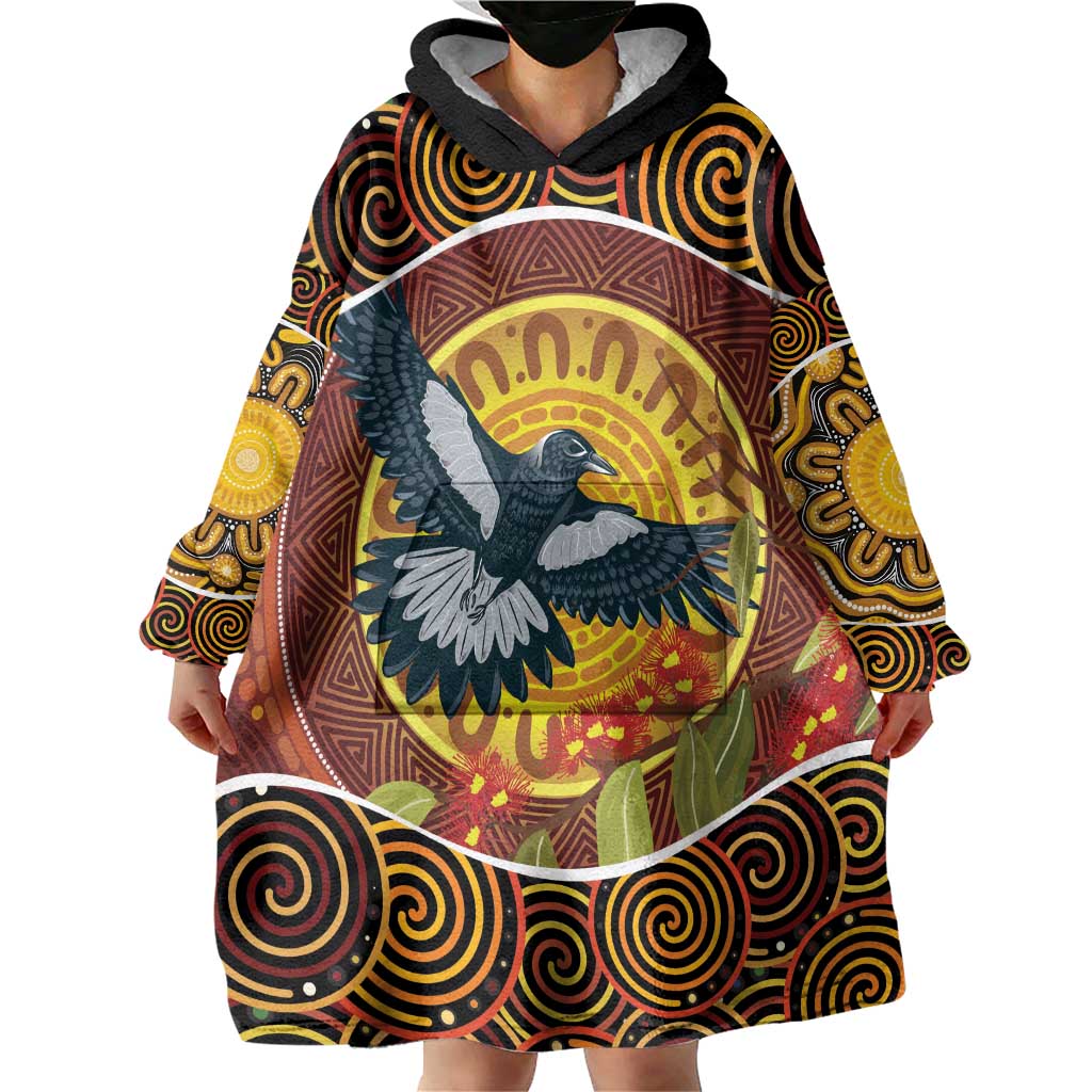 Aboriginal Magpies Dots Art Wearable Blanket Hoodie Native Australian Animals