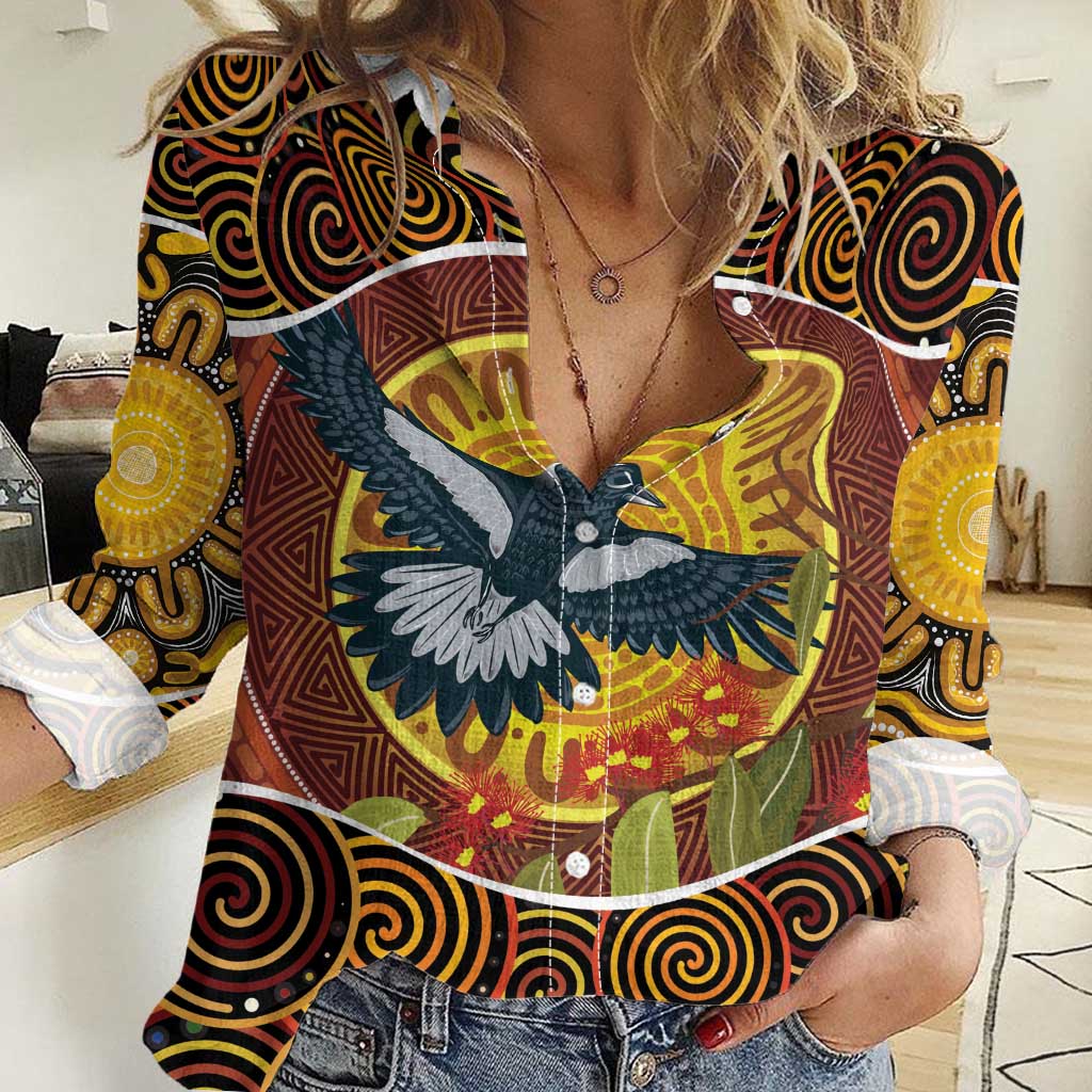 Aboriginal Magpies Dots Art Women Casual Shirt Native Australian Animals