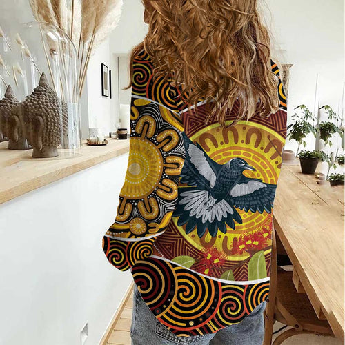 Aboriginal Magpies Dots Art Women Casual Shirt Native Australian Animals
