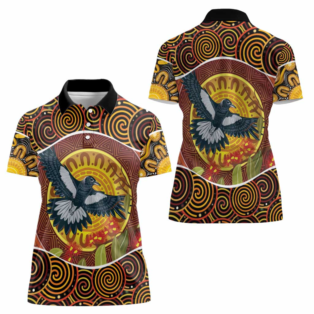 Aboriginal Magpies Dots Art Women Polo Shirt Native Australian Animals