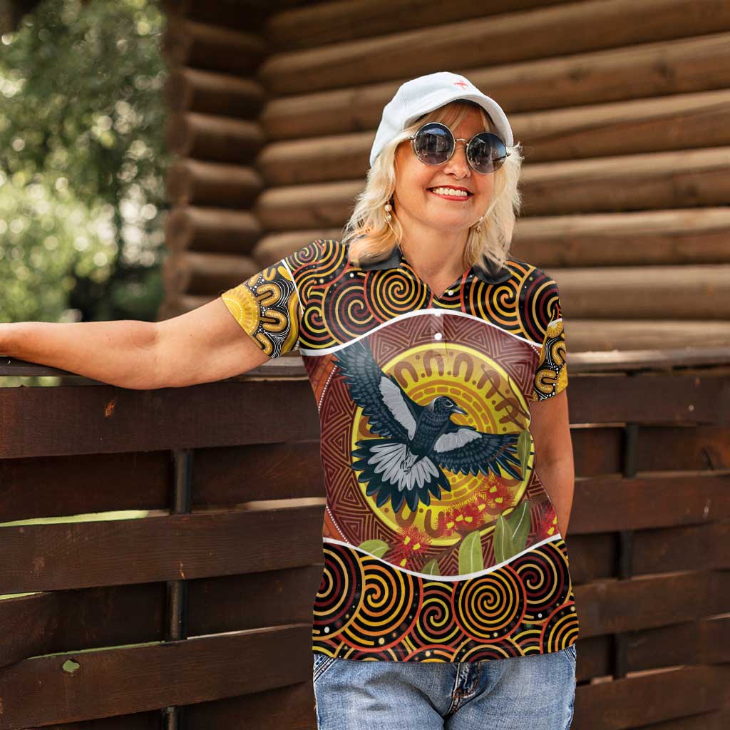 Aboriginal Magpies Dots Art Women Polo Shirt Native Australian Animals