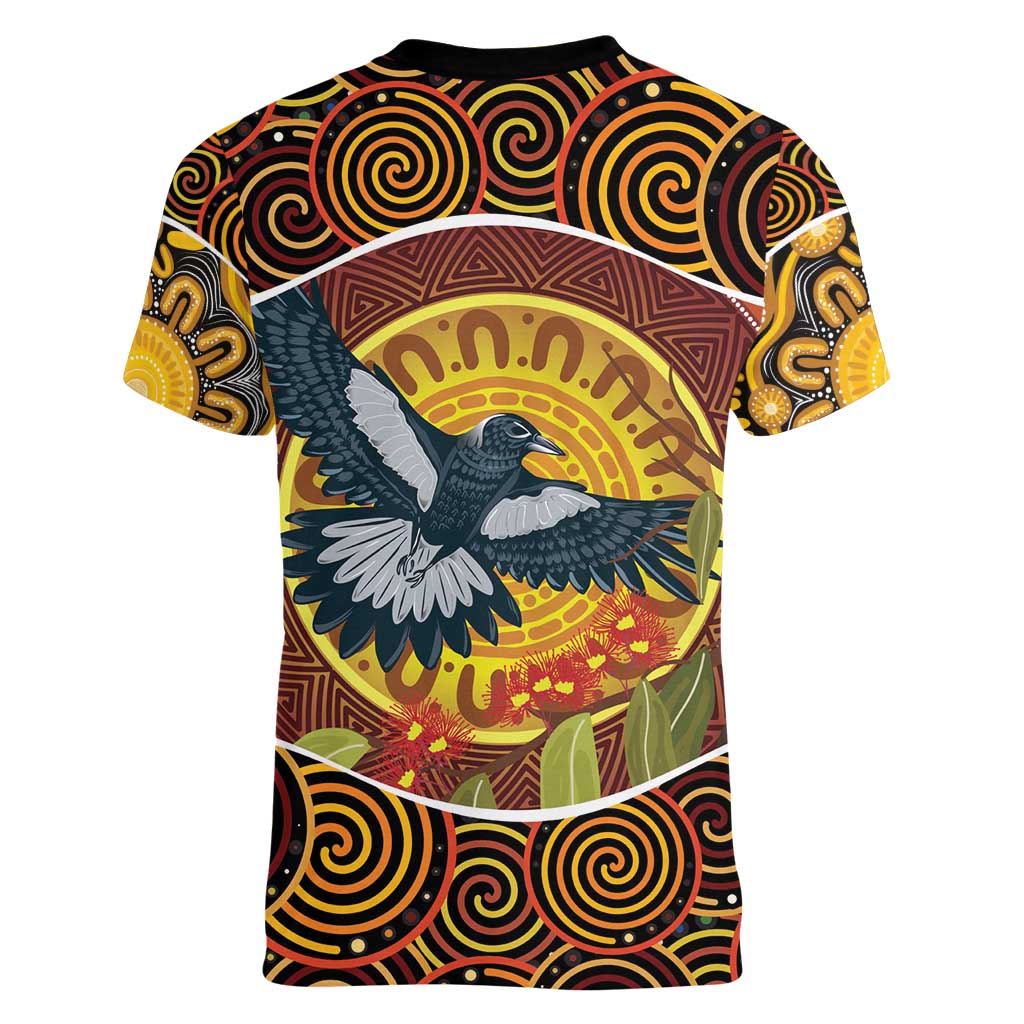 Aboriginal Magpies Dots Art Women V-Neck T-Shirt Native Australian Animals