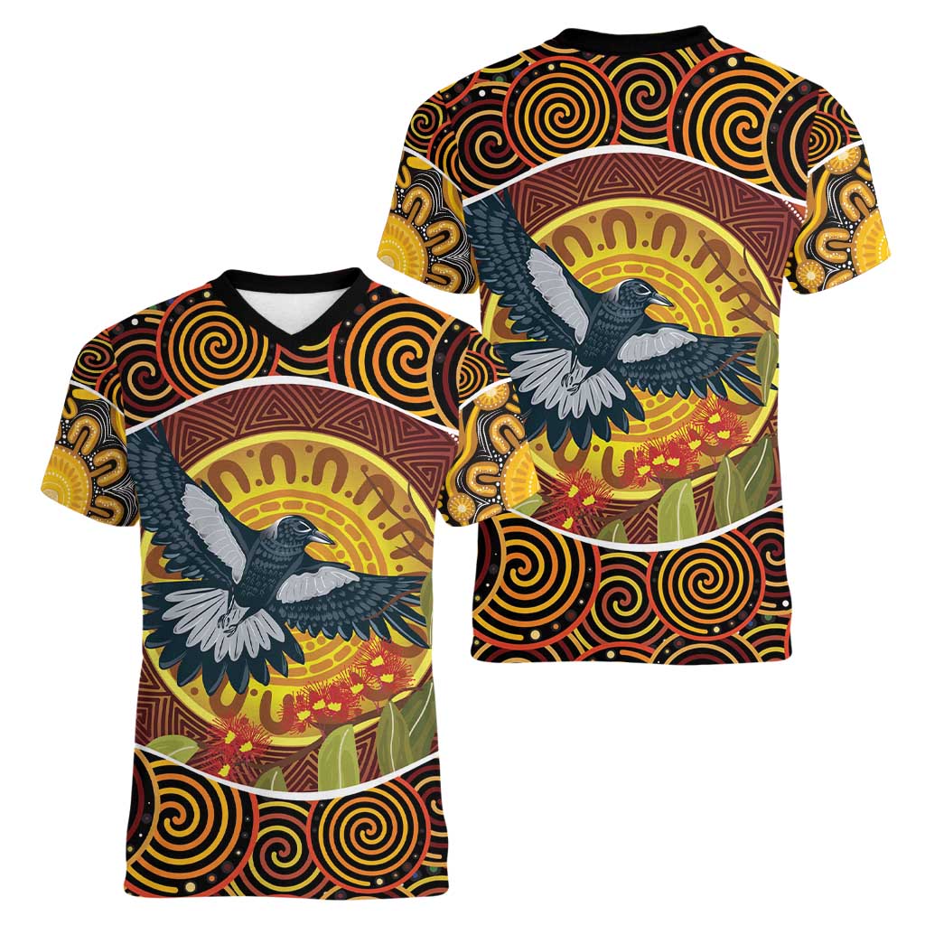 Aboriginal Magpies Dots Art Women V-Neck T-Shirt Native Australian Animals