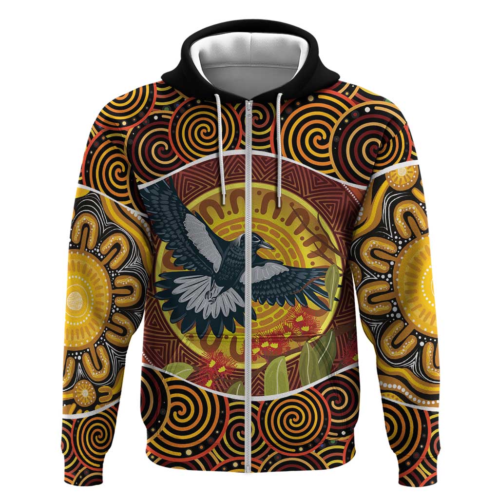 Aboriginal Magpies Dots Art Zip Hoodie Native Australian Animals