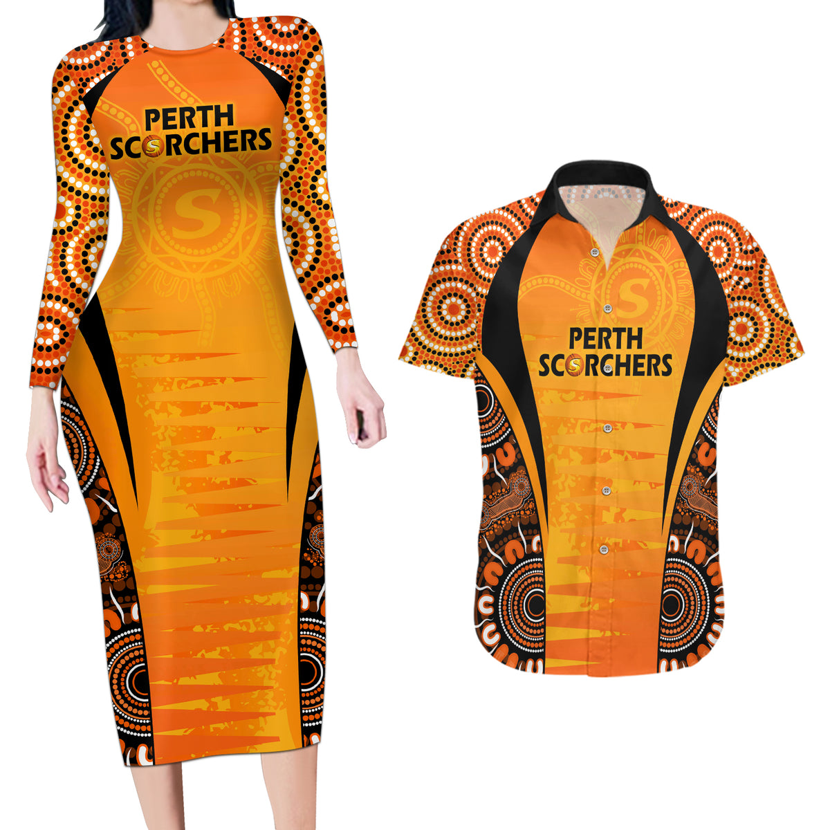 made-tough-scorchers-custom-couples-matching-long-sleeve-bodycon-dress-and-hawaiian-shirt-champions-bbl13-aboriginal-version