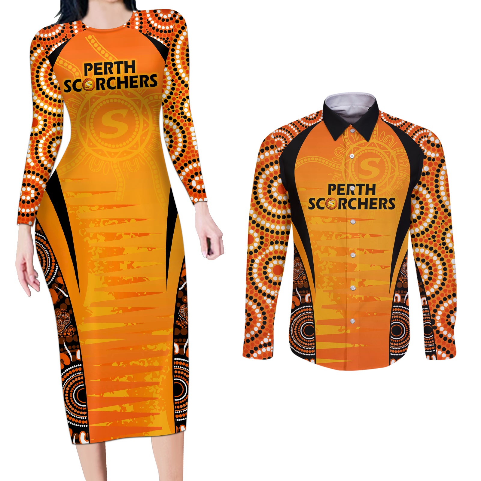 made-tough-scorchers-custom-couples-matching-long-sleeve-bodycon-dress-and-long-sleeve-button-shirt-champions-bbl13-aboriginal-version