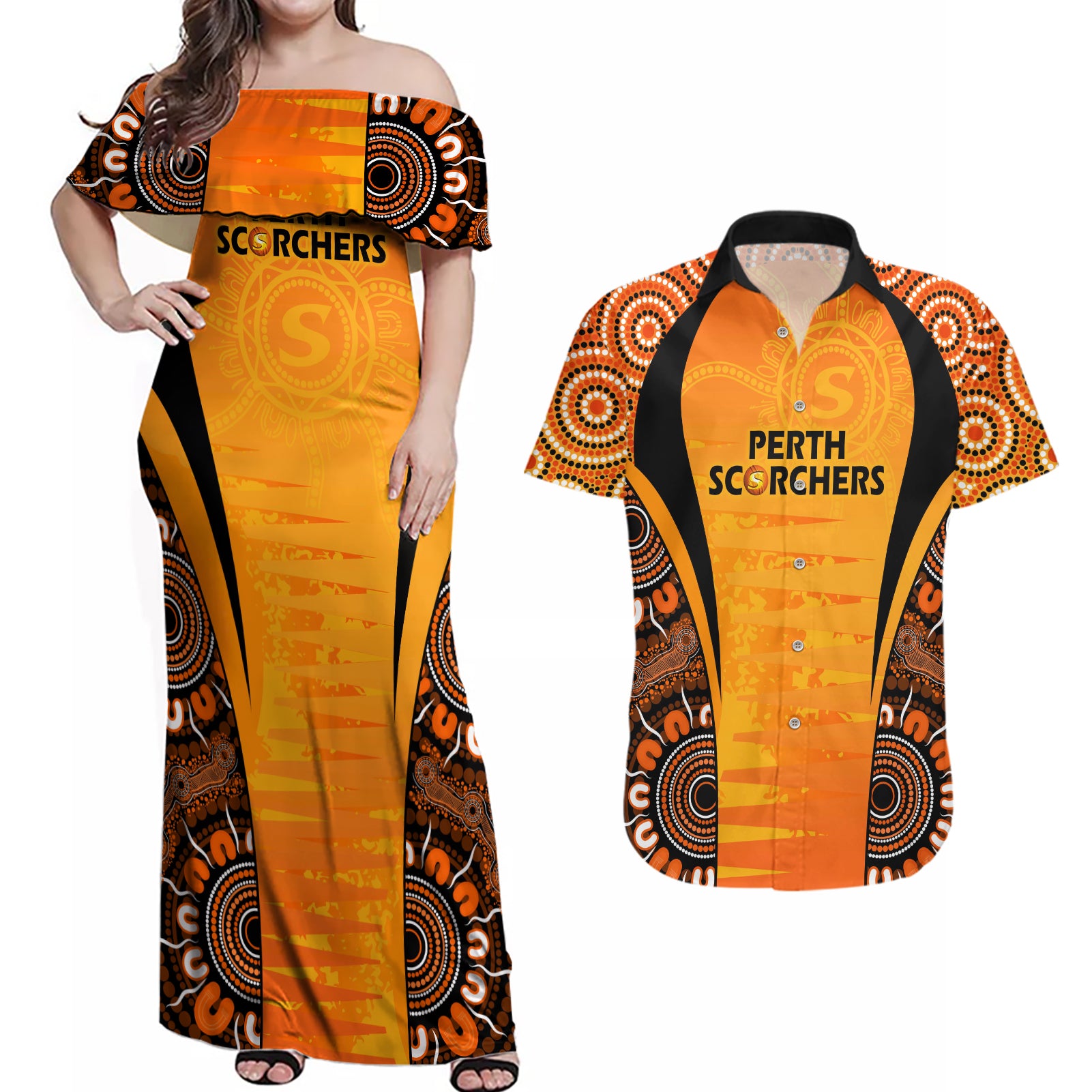 made-tough-scorchers-custom-couples-matching-off-shoulder-maxi-dress-and-hawaiian-shirt-champions-bbl13-aboriginal-version