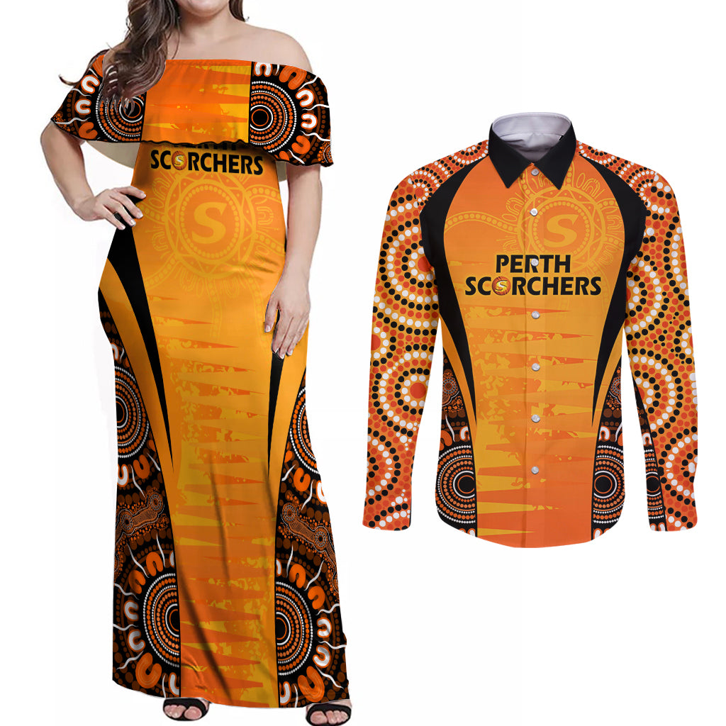 made-tough-scorchers-custom-couples-matching-off-shoulder-maxi-dress-and-long-sleeve-button-shirt-champions-bbl13-aboriginal-version