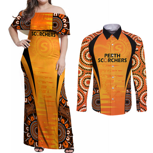 made-tough-scorchers-custom-couples-matching-off-shoulder-maxi-dress-and-long-sleeve-button-shirt-champions-bbl13-aboriginal-version