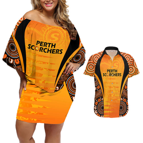 made-tough-scorchers-custom-couples-matching-off-shoulder-short-dress-and-hawaiian-shirt-champions-bbl13-aboriginal-version