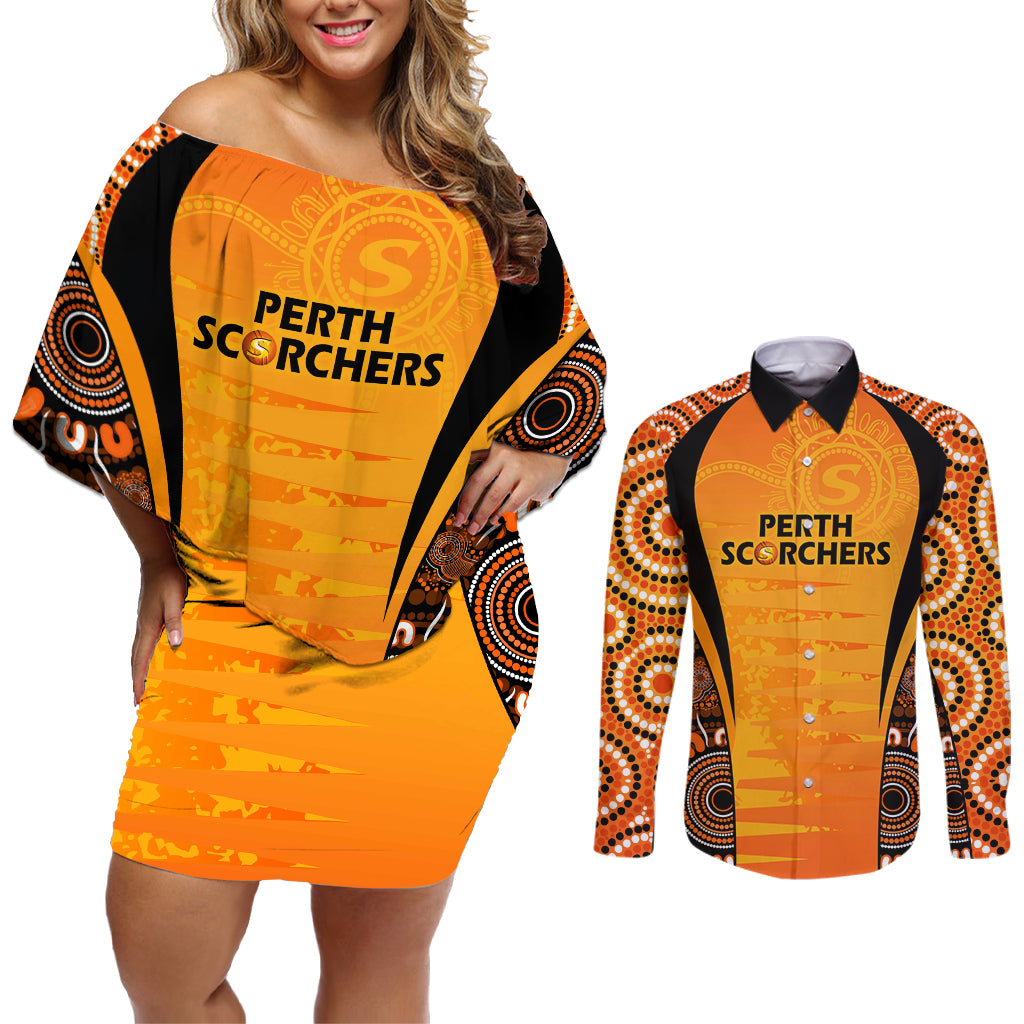 made-tough-scorchers-custom-couples-matching-off-shoulder-short-dress-and-long-sleeve-button-shirt-champions-bbl13-aboriginal-version