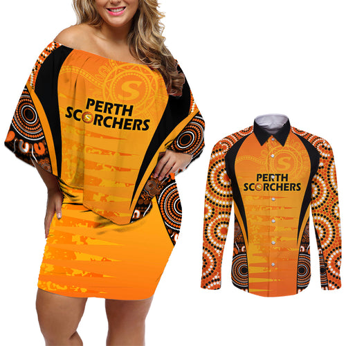 made-tough-scorchers-custom-couples-matching-off-shoulder-short-dress-and-long-sleeve-button-shirt-champions-bbl13-aboriginal-version
