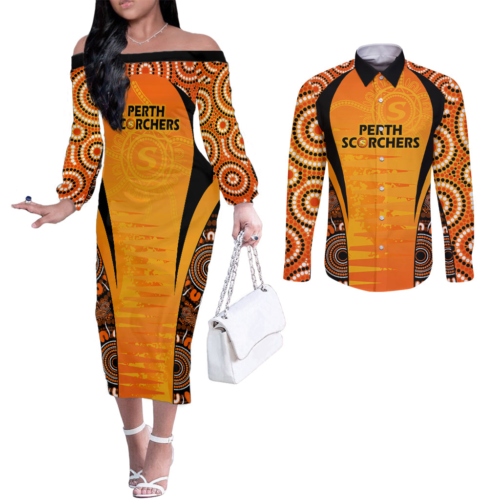 made-tough-scorchers-custom-couples-matching-off-the-shoulder-long-sleeve-dress-and-long-sleeve-button-shirt-champions-bbl13-aboriginal-version