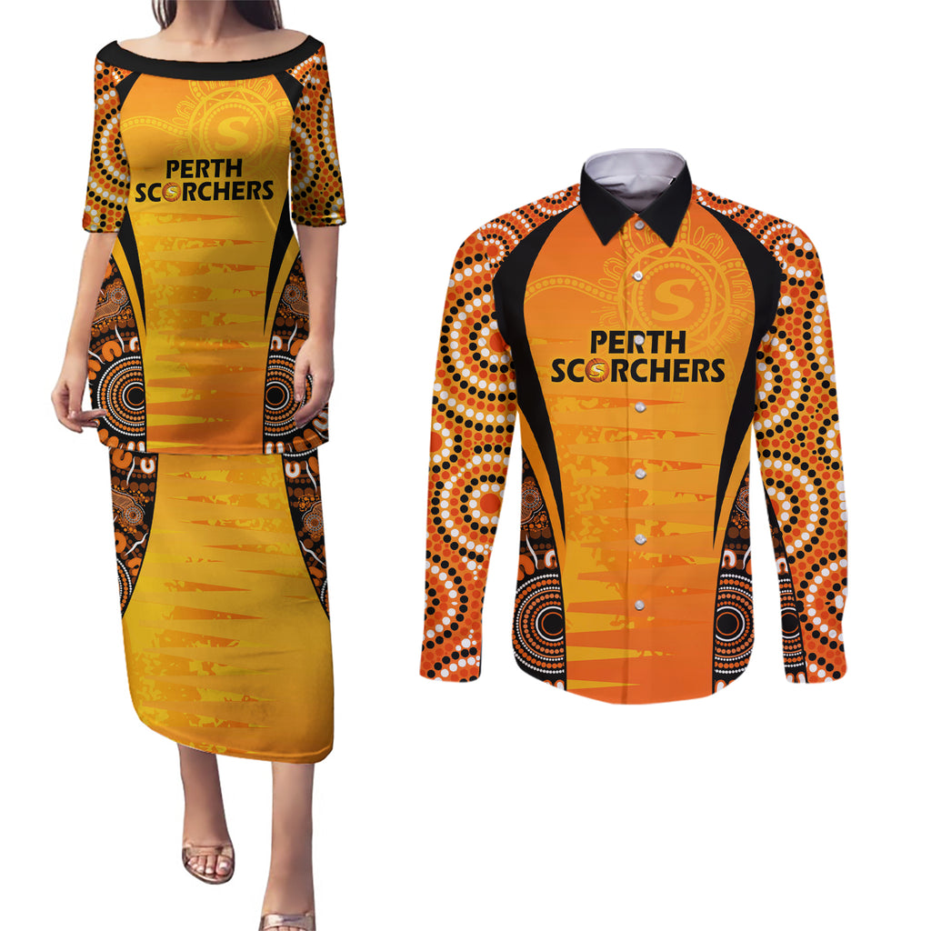 made-tough-scorchers-custom-couples-matching-puletasi-dress-and-long-sleeve-button-shirt-champions-bbl13-aboriginal-version