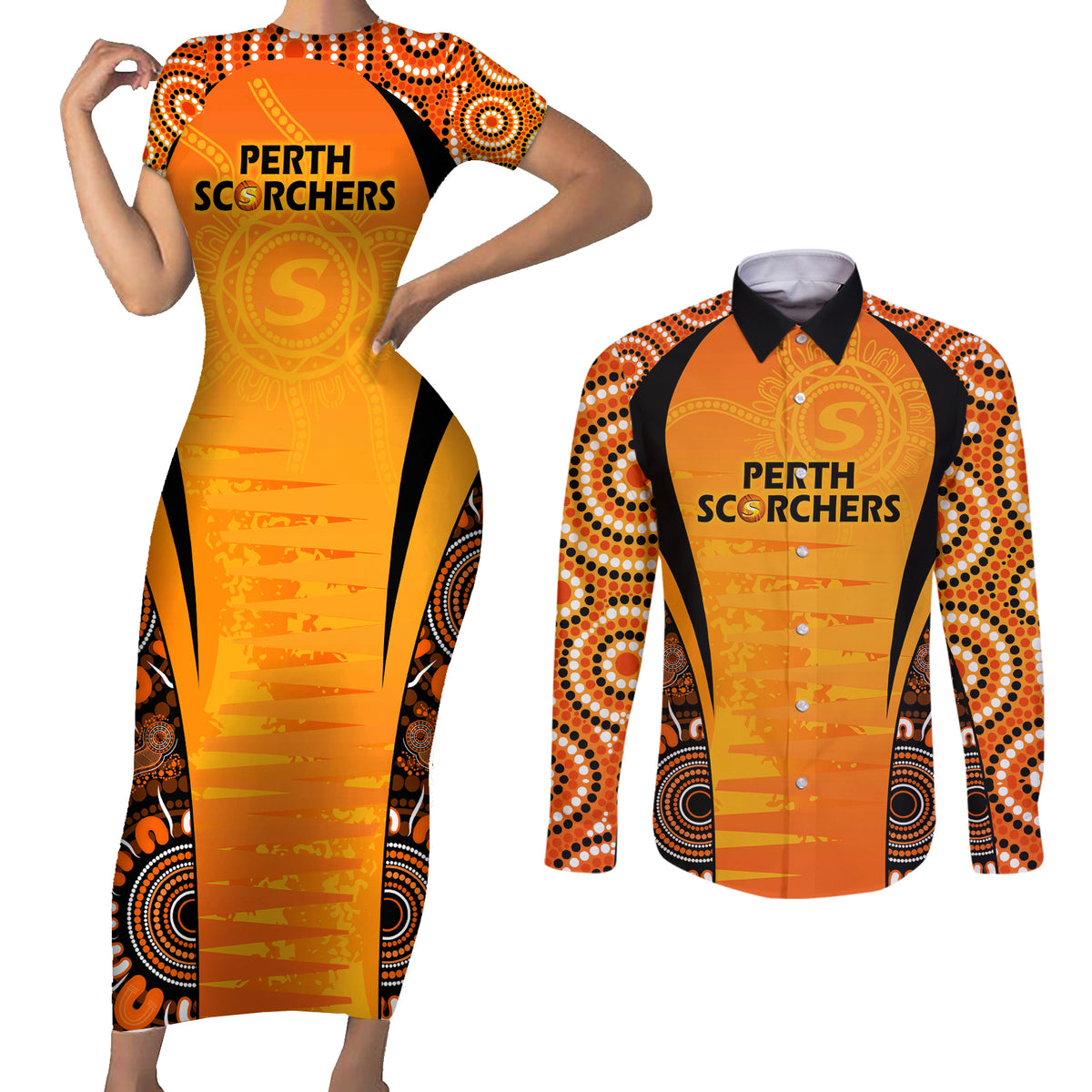 made-tough-scorchers-custom-couples-matching-short-sleeve-bodycon-dress-and-long-sleeve-button-shirt-champions-bbl13-aboriginal-version