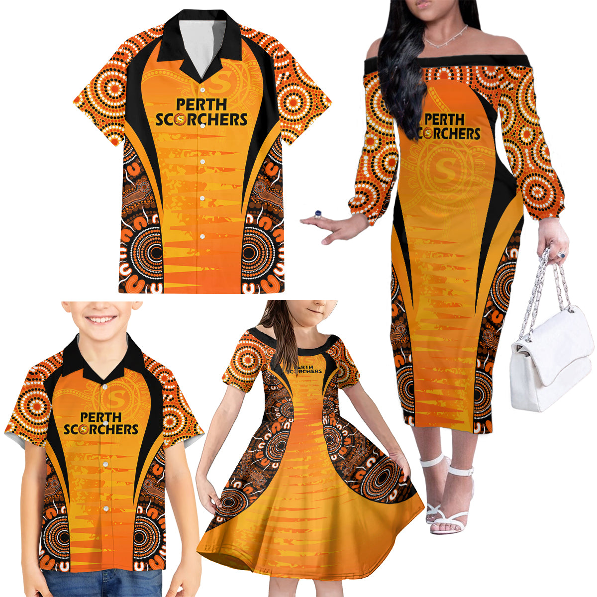 made-tough-scorchers-custom-family-matching-off-shoulder-long-sleeve-dress-and-hawaiian-shirt-champions-bbl13-aboriginal-version