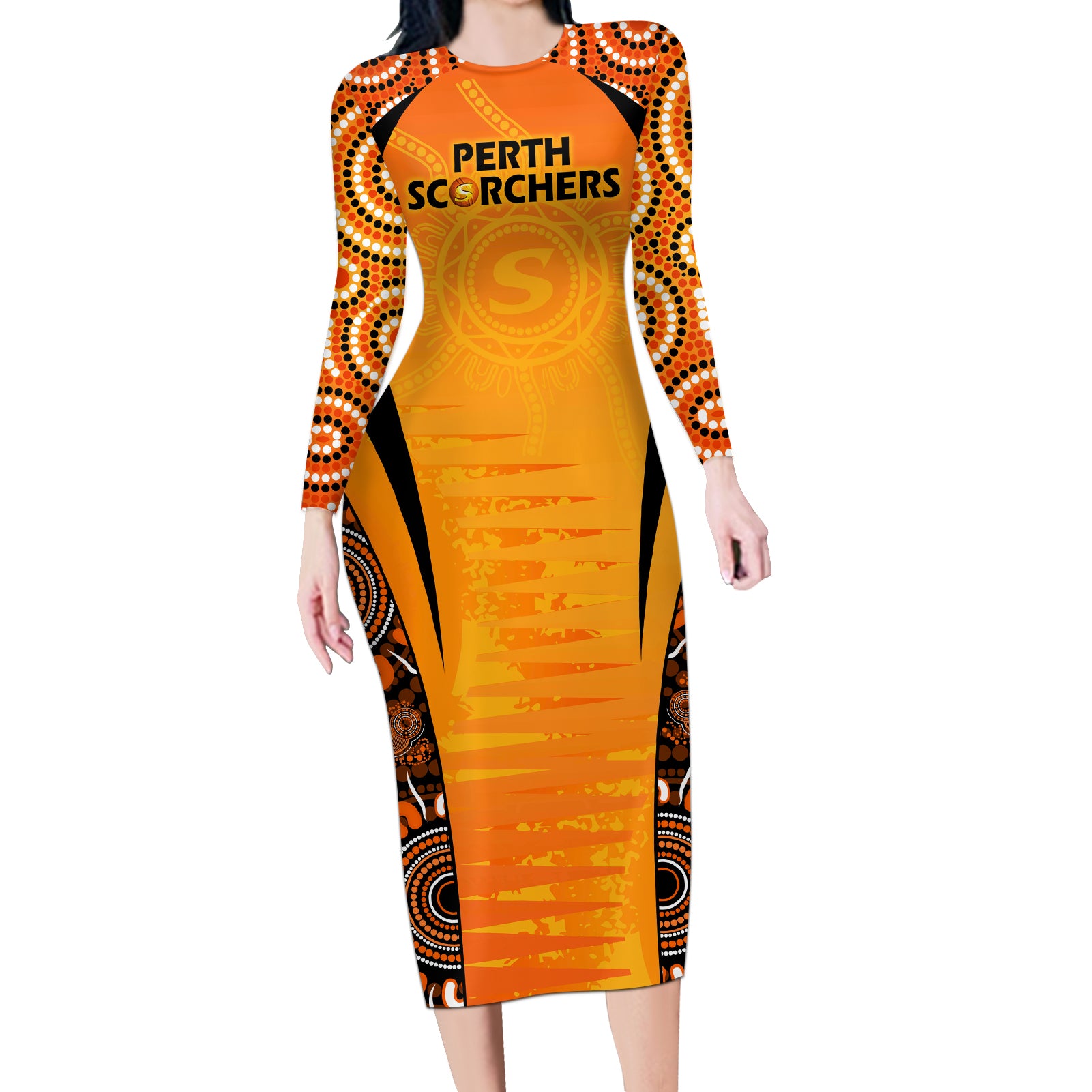 made-tough-scorchers-custom-long-sleeve-bodycon-dress-champions-bbl13-aboriginal-version
