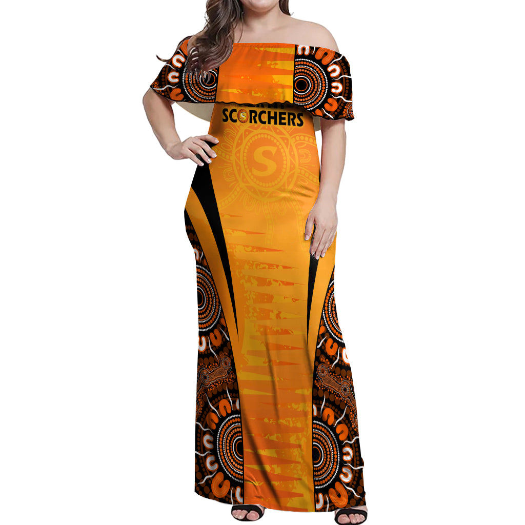 made-tough-scorchers-custom-off-shoulder-maxi-dress-champions-bbl13-aboriginal-version