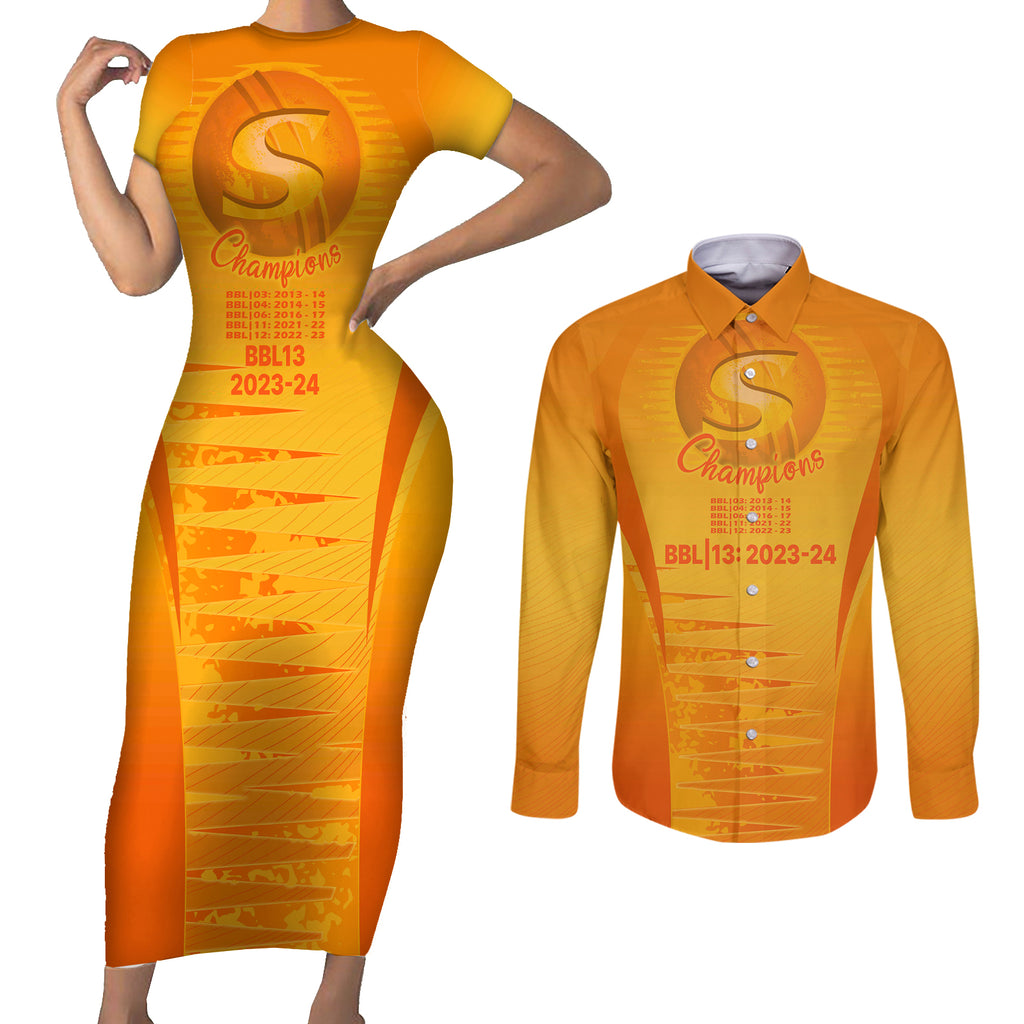 fire-up-scorchers-custom-couples-matching-short-sleeve-bodycon-dress-and-long-sleeve-button-shirt-the-sixth-time-champions