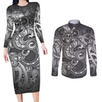 Aotearoa Maori Hei Tiki Couples Matching Long Sleeve Bodycon Dress and Long Sleeve Button Shirt Kiwikiwi Kowhaiwhai Puhoro Motif