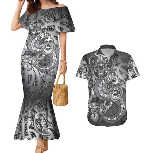 Aotearoa Maori Hei Tiki Couples Matching Mermaid Dress and Hawaiian Shirt Kiwikiwi Kowhaiwhai Puhoro Motif